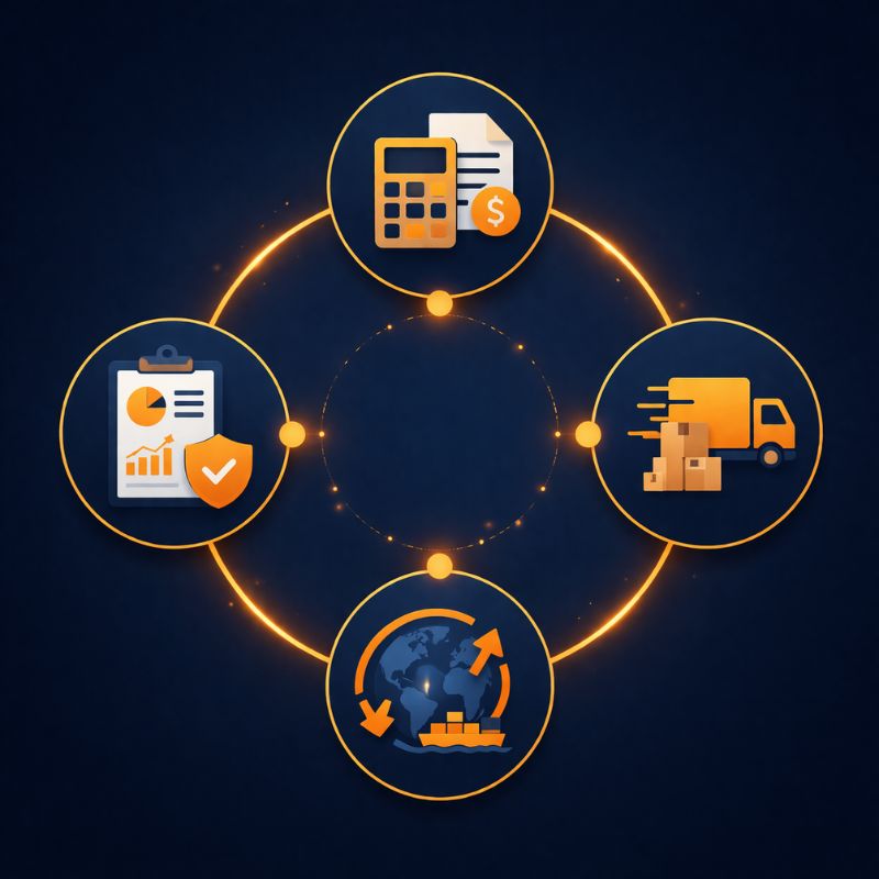 Diagrama del ecosistema de servicios complementarios Beetbul — contabilidad, importación, logística, fiscal